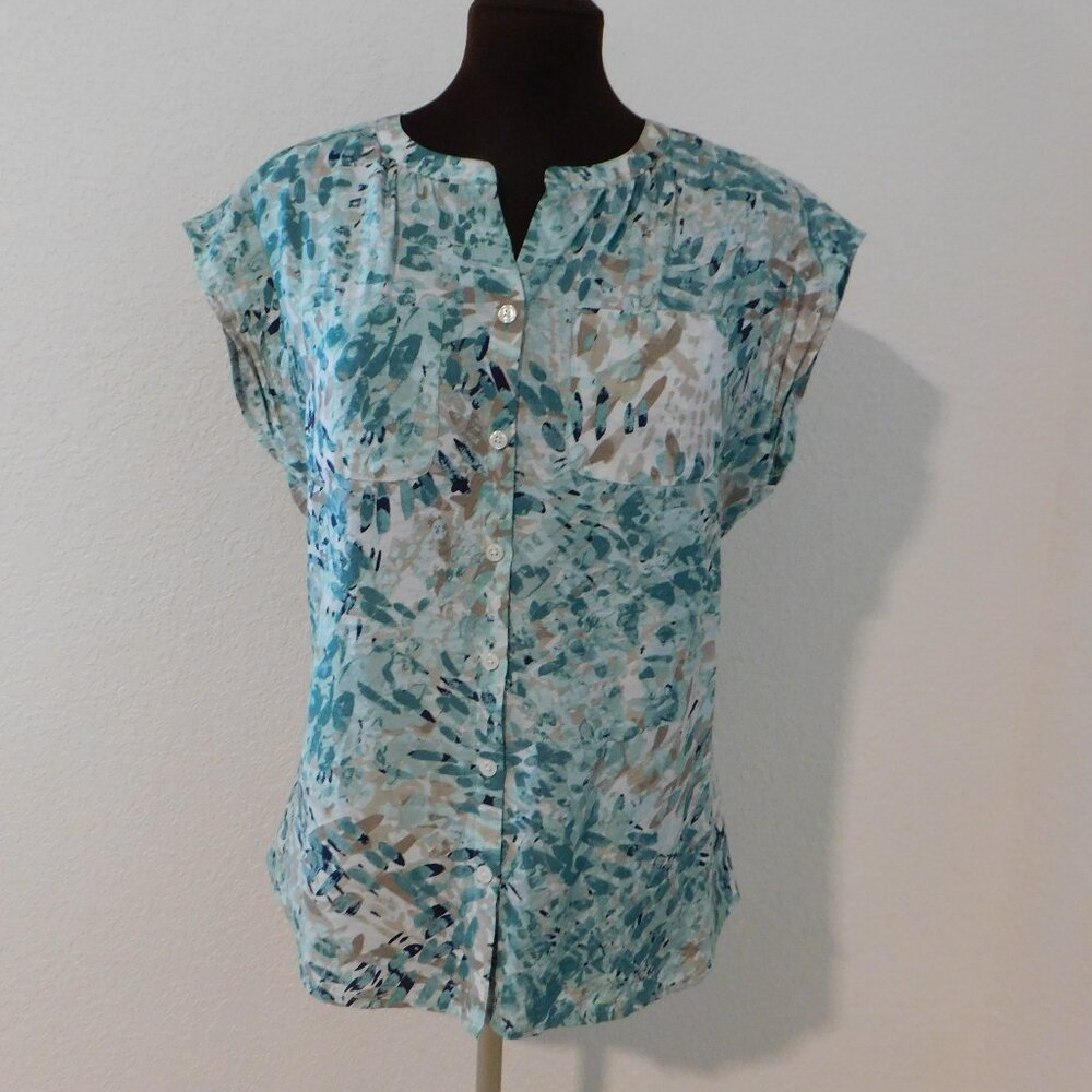 Van Heusen Women's S/P Top Blouse Cap Sleeve Button Front Rayon